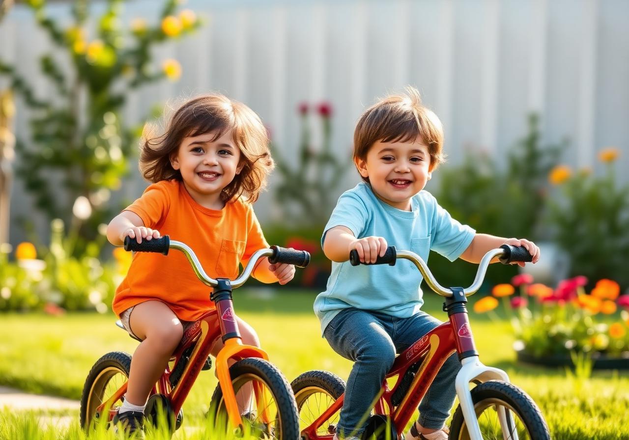 Twee blije kinderen op hun loopfiets in de tuin